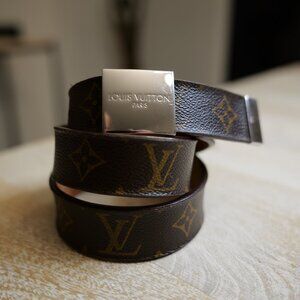Authentic Louis Vuitton Brown Monogram Canvas Ceinture Silver Buckle Belt